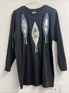 Vintage Black Long Sleeve oversized western T-shirt dress conchos size medium